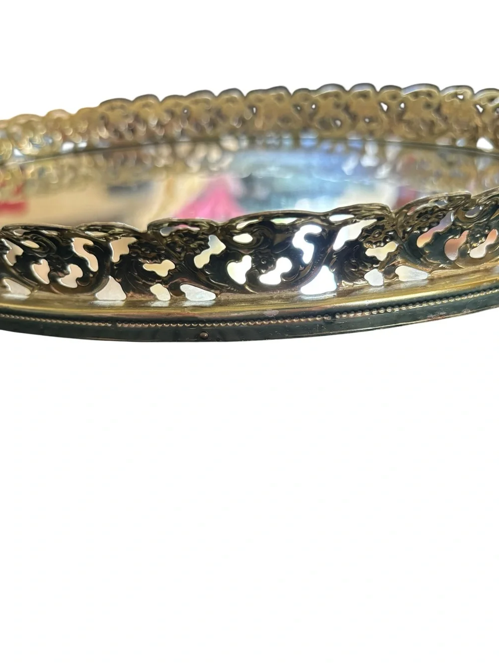 Vintage Filagree Oval Vanity Mirrored Tray Hollywood Regency Cottagecore Decor